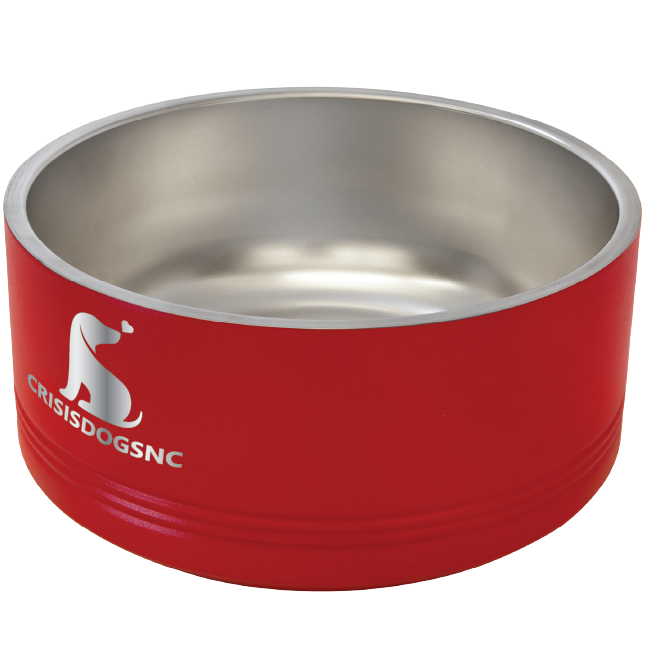 Medium red stainless steel powder coated, laser engraved dog bowl featuring the CrisisDogsNC logo.