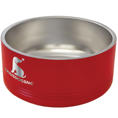 Medium red stainless steel powder coated, laser engraved dog bowl featuring the CrisisDogsNC logo.