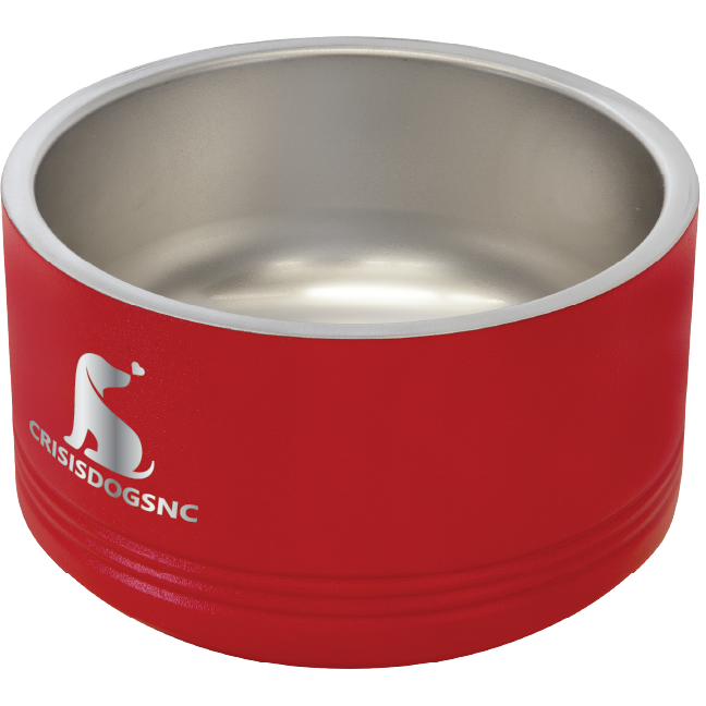 Small red stainless steel powder coated, laser engraved dog bowl featuring the CrisisDogsNC logo.