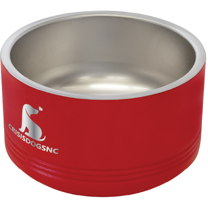 Small red stainless steel powder coated, laser engraved dog bowl featuring the CrisisDogsNC logo.