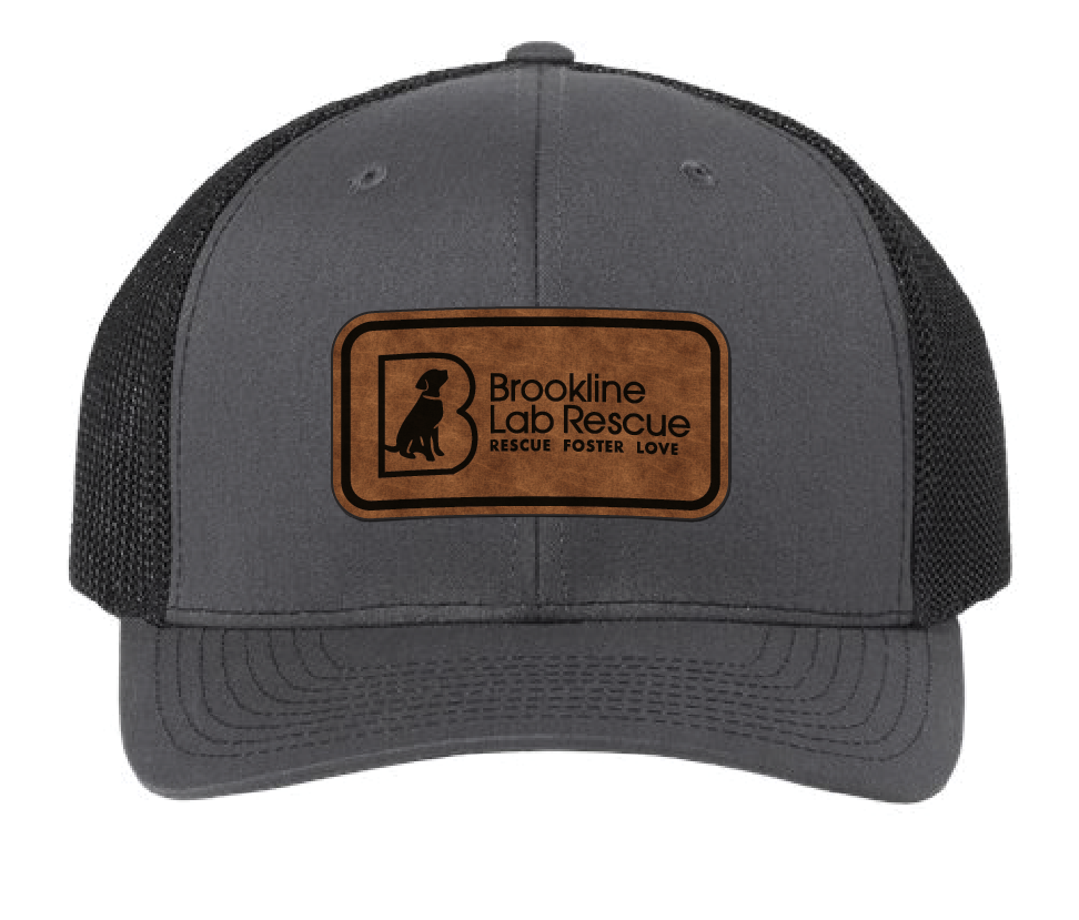 Charcoal/Black trucker hat featuring the Brookline Lab Rescue logo on a black and brown leatherette patch. Front view.