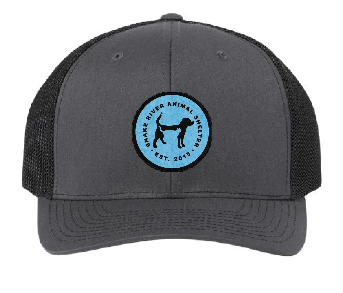 Black/Charcoal Snake River Animal Shelter trucker patch hat with black and light blue patch.