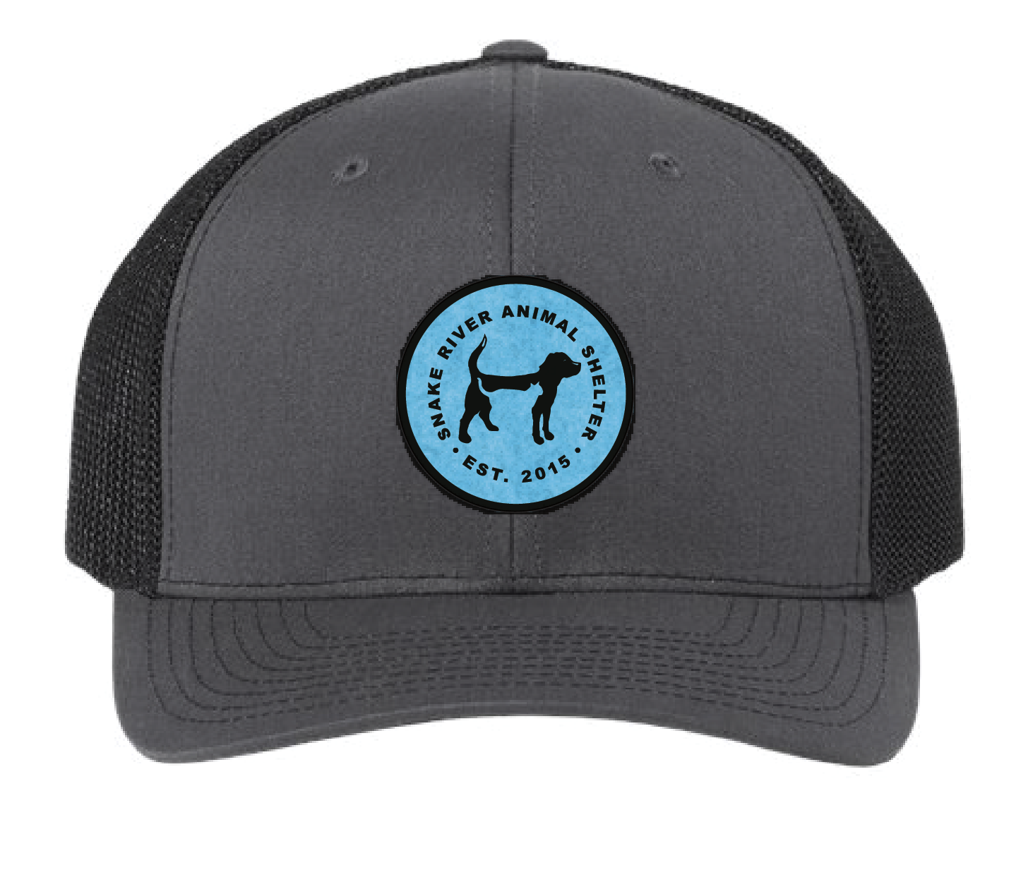 Black/Charcoal Snake River Animal Shelter trucker patch hat with black and light blue patch.