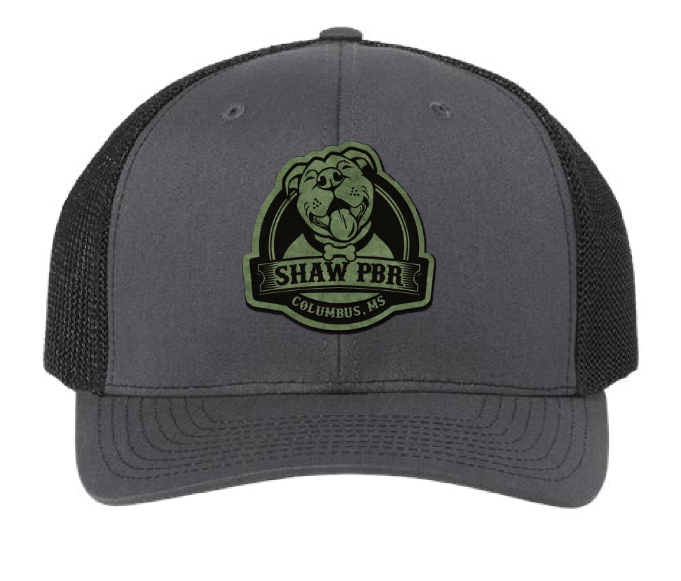 Charcoal and black Shaw Pit Bull Rescue hat. Green leatherette patch.