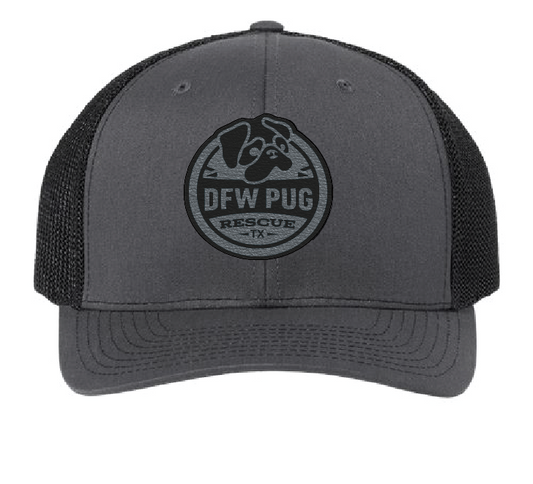 Structured charcoal and clack patch hat featuring the DFW Pug Rescue logo on a black and silver patch.