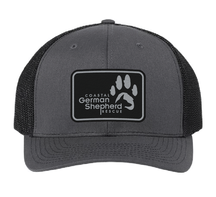 Structured hat (Richardson 112) in charcoal and black with the Coastal German Shepherd Rescue logo. Patch is black and engraves silver.