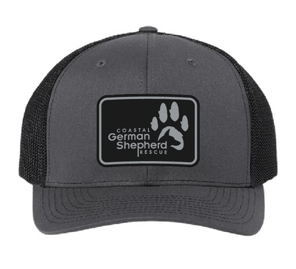 Structured hat (Richardson 112) in charcoal and black with the Coastal German Shepherd Rescue logo. Patch is black and engraves silver.