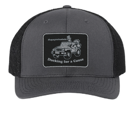 Fuquay Varina Jeep Club Trucker Patch Hat (Charcoal/Black Hat, Silver/Black Patch)