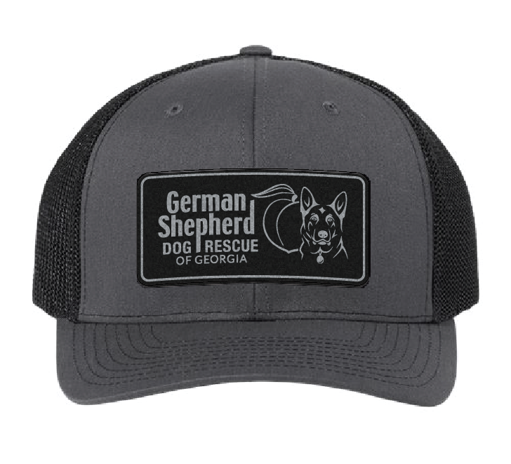 Charcoal and Black Structured hat with a Black and silver  German Shepherd Dog Rescue of Georgia logo patch