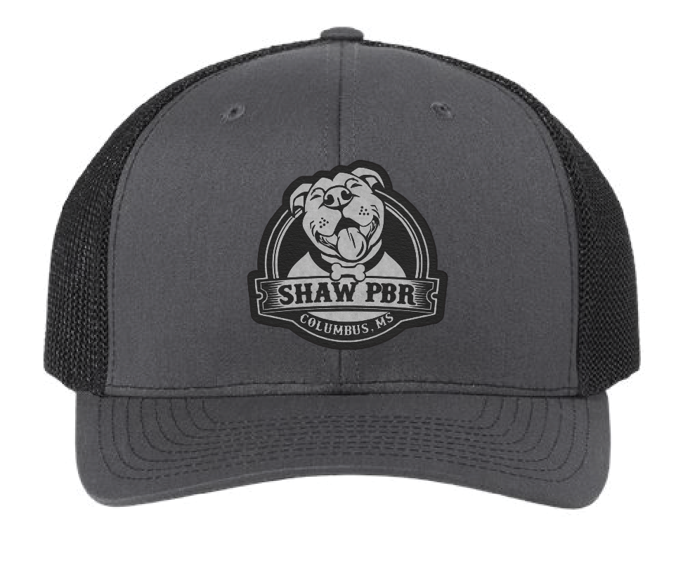 Charcoal and black Shaw Pit Bull Rescue hat. Black patch engraved to silver.