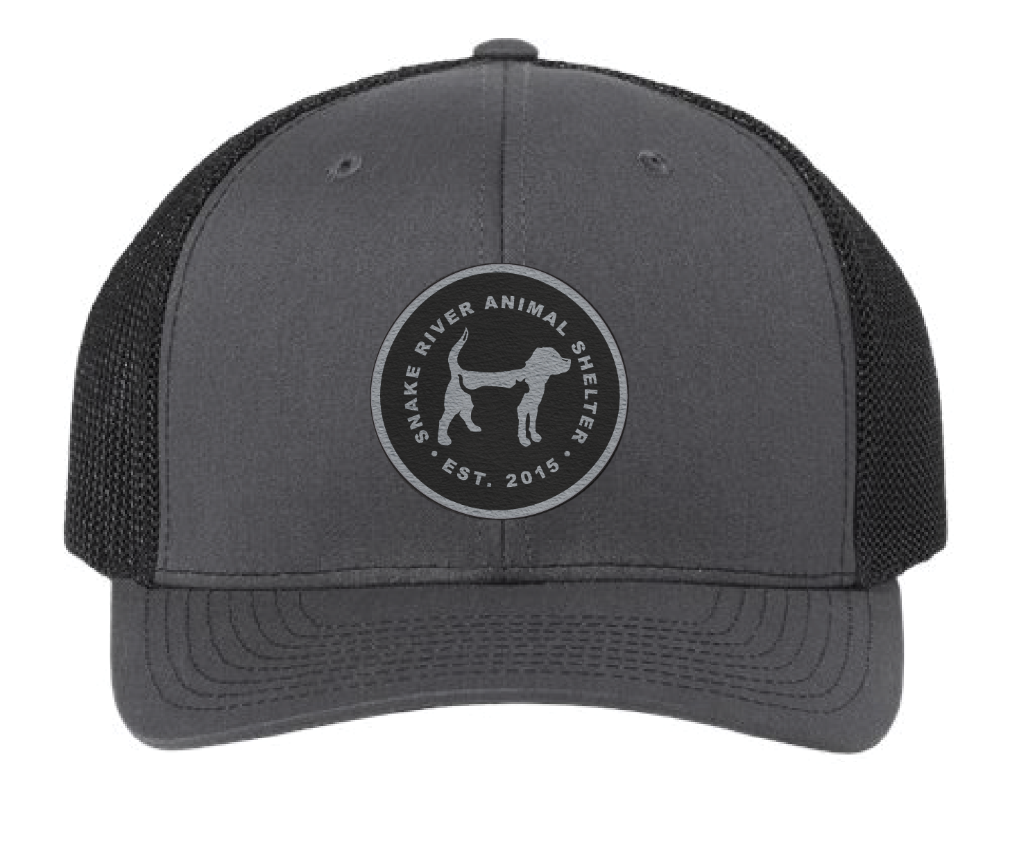 Black/Charcoal Snake River Animal Shelter trucker patch hat with black and silver patch.