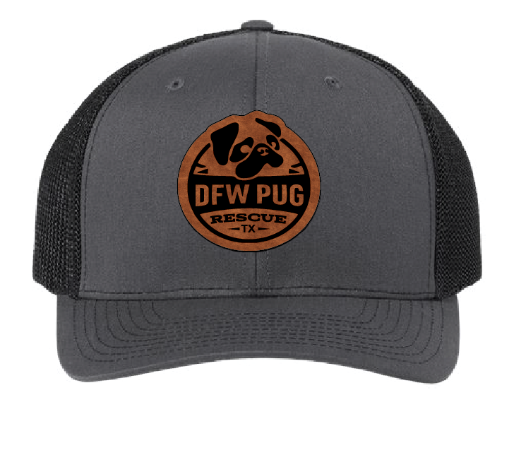 Structured charcoal and Black patch hat featuring the DFW Pug Rescue logo on a brown and black patch.