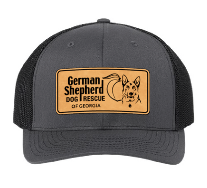 Black and charcoal trucker hat with German Shepherd Rescue of Georgia leather patch.