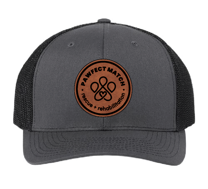 Richardson 112 structured dad hat in black and charcoal, featuring the Pawfect Match revue logo on brown leatherette with black engrave