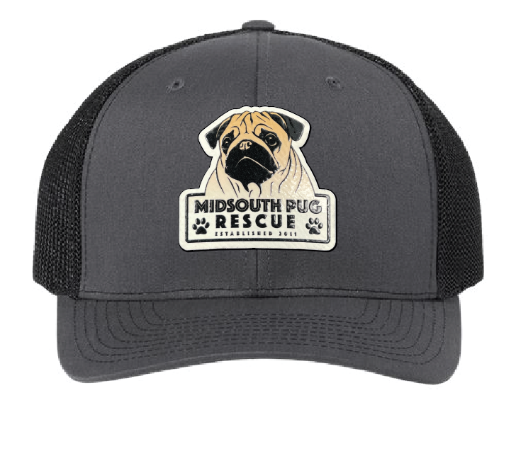 Charcoal and Black trucker hat with the MidSouth Pug Rescue logo printed in full color