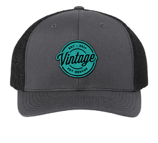 Vintage Pet Rescue Trucker Patch Hat (Charcoal/Black Hat, Teal/Black Patch)