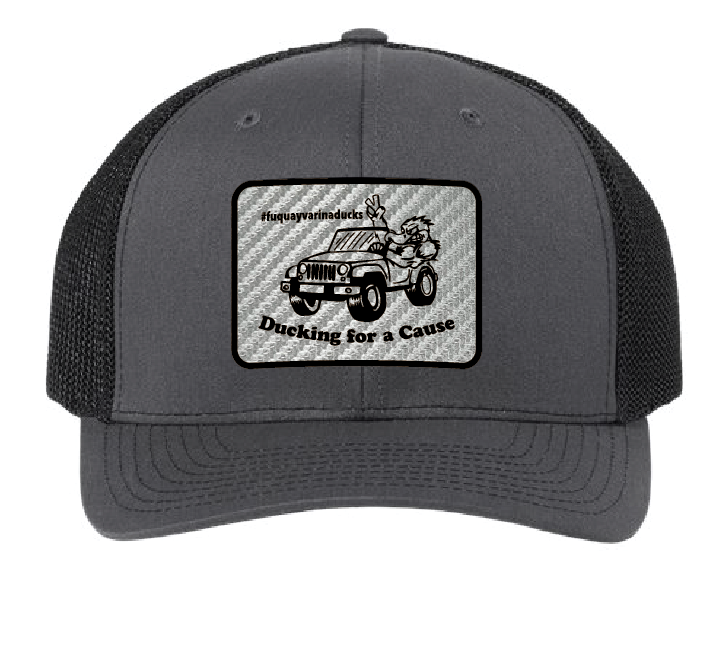Fuquay Varina Jeep Club Trucker Patch Hat (Charcoal/Black Hat, Carbon Fiber/Black Leatherette Patch)