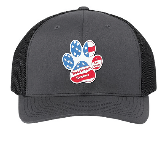 Charcoal and Black Trucker patch hat with the Retriever Rescue of Las Vegas logo in red white and blue