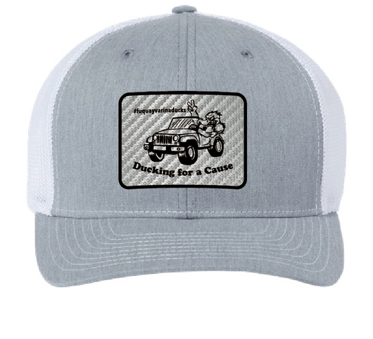 Fuquay Varina Jeep Club Trucker Patch Hat (White/Gray, Carbon Fiber Leatherette Patch)