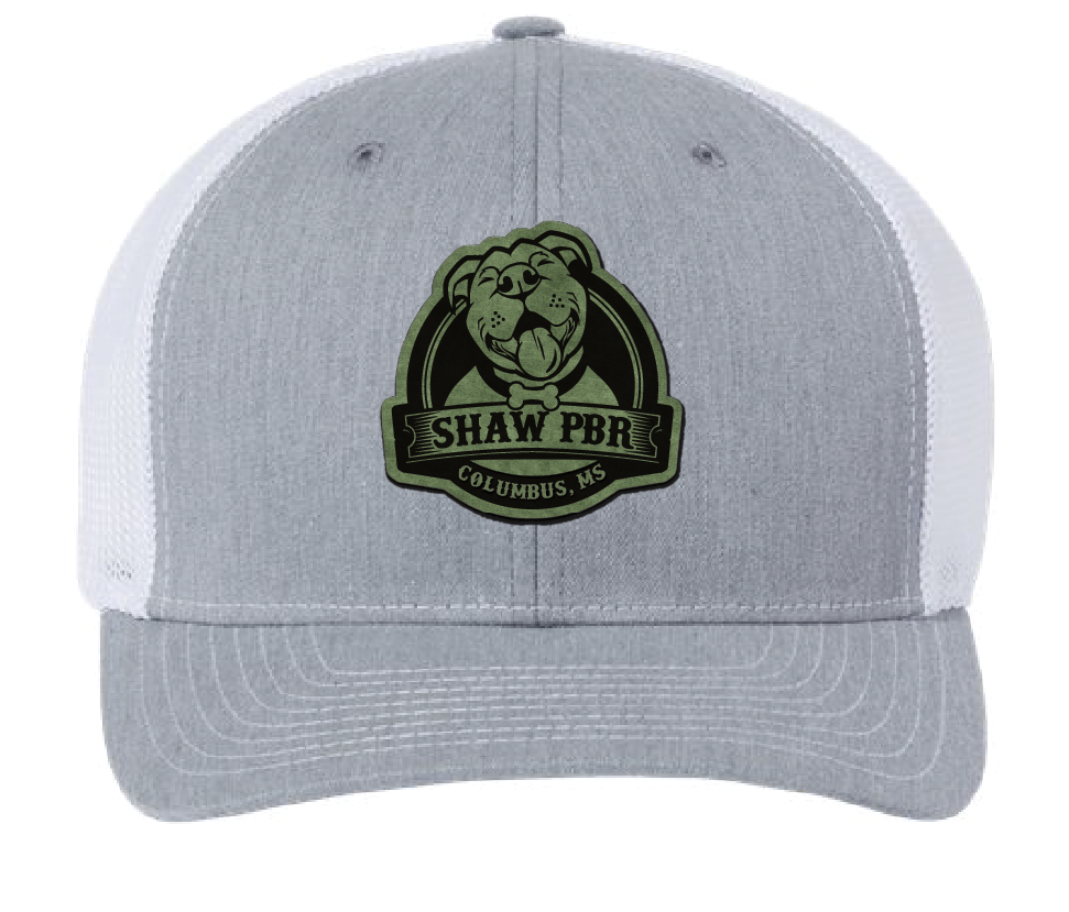 Heather gray and white Shaw Pit Bull Rescue trucker hat. Green patch engraves to black.