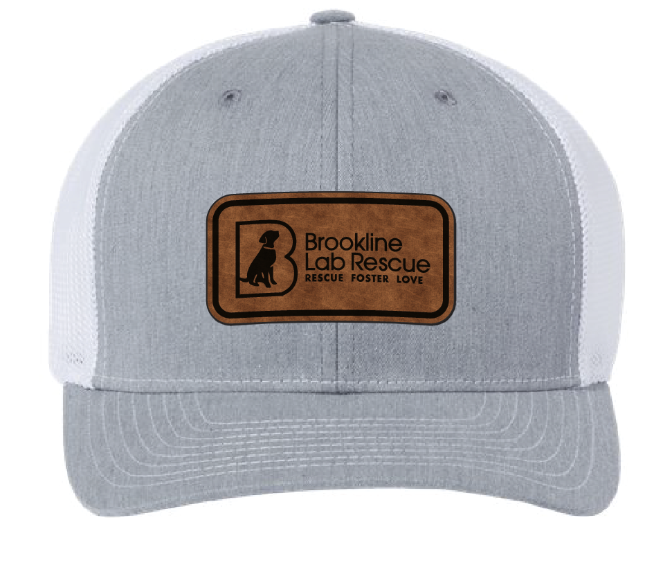 Heather gray/white trucker hat featuring the Brookline Lab Rescue logo in a two tone (brown/black) leatherette patch. Front view.