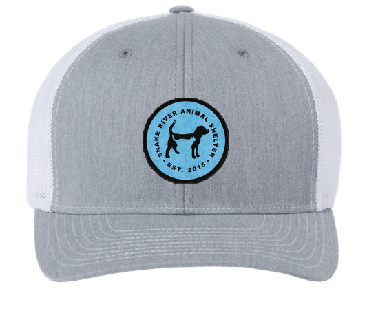 Heather gray/White Snake River Animal Shelter trucker patch hat with light blue/black patch.