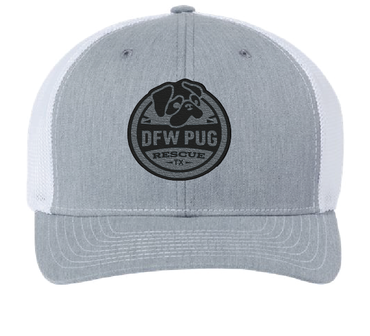 Structured heather gray and white patch hat featuring the DFW Pug Rescue logo on a black and silver patch.