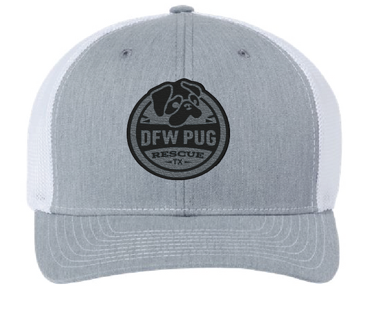 Structured heather gray and white patch hat featuring the DFW Pug Rescue logo on a black and silver patch.