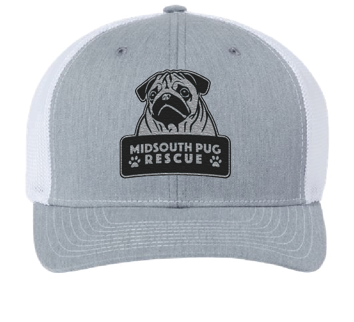 Gray and White Trucker Cap with the MidSouth Pug Rescue logo in silver and black