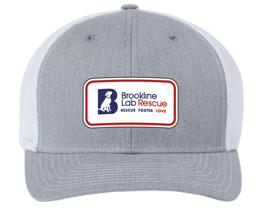 Heather gray/white trucker hat featuring the Brookline Lab Rescue logo in a tricolor (red, white, and blue) acrylic patch. Front view.