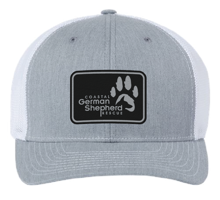 Structured hat (Richardson 112) in great and white with the Coastal German Shepherd Rescue logo. Patch is black and engraves silver.
