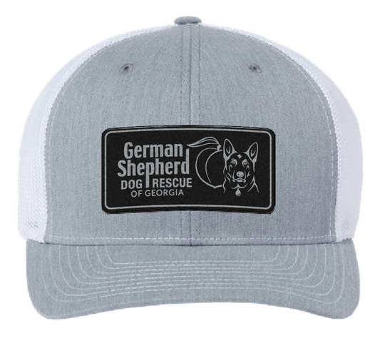 White and Gray trucker hat with peach and German Shepherd Rescue of Georgia black and silver patch.