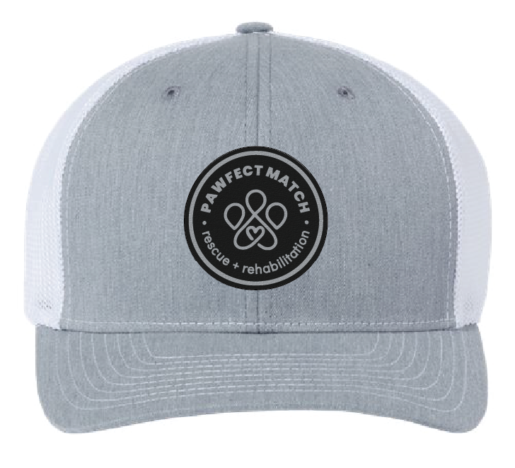 Richardson 112 structured hat in gray and white, featuring the Pawfect Match revue logo on Black leatherette with silver engrave