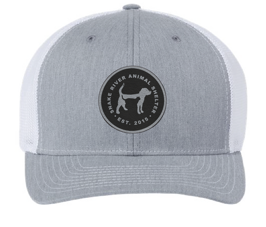 Heather gray/White Snake River Animal Shelter trucker patch hat with black and silver patch.