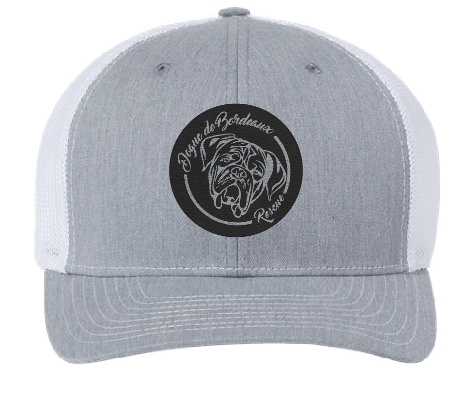 Heather gray/white trucker hat featuring the Dogue de Bordeaux Rescue, Inc. logo in a black and silver leatherette patch. Front view.