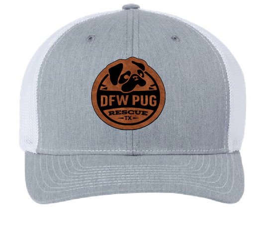 Structured heather gray and white patch hat featuring the DFW Pug Rescue logo on a brown and black patch.