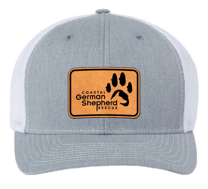 Structured hat (Richardson 112) in white and gray with the Coastal German Shepherd Rescue logo. Patch is leather and engraves black.