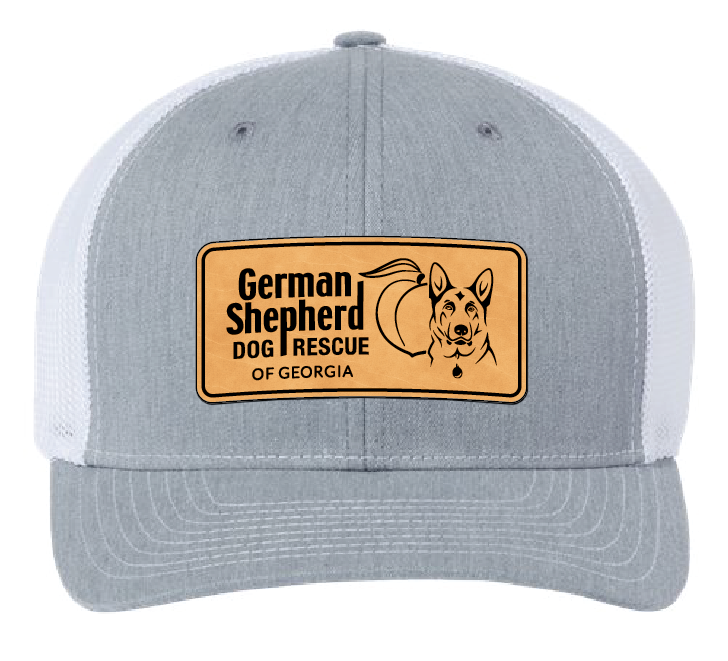 White and grayl trucker hat with German Shepherd Rescue of Georgia leather patch.