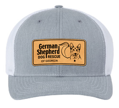 White and grayl trucker hat with German Shepherd Rescue of Georgia leather patch.