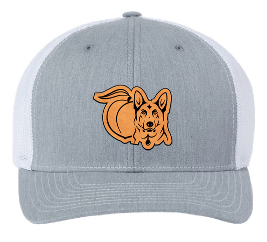 White and gray trucker hat with peach and German Shepherd leather patch.