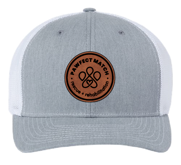 Richardson 112 structured hat in gray and white, featuring the Pawfect Match revue logo on brown leatherette with black engrave