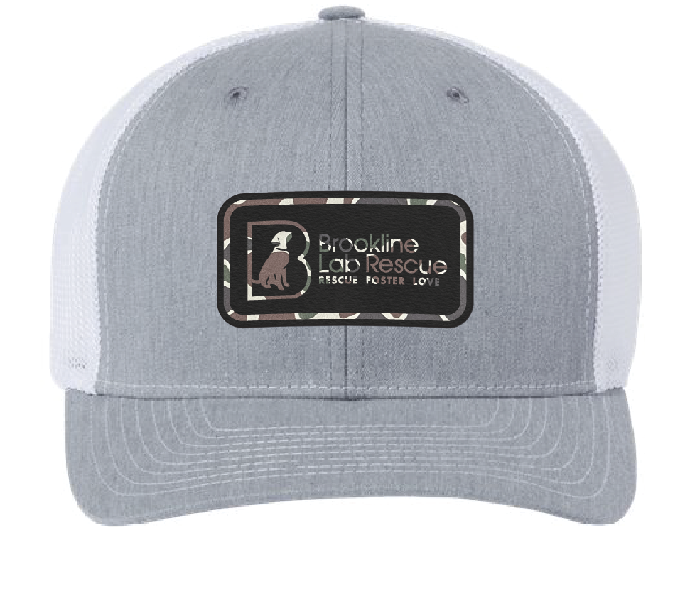 Heather gray/white trucker hat featuring the Brookline Lab Rescue logo. Patch is camouflage leatherette and engraves to black.