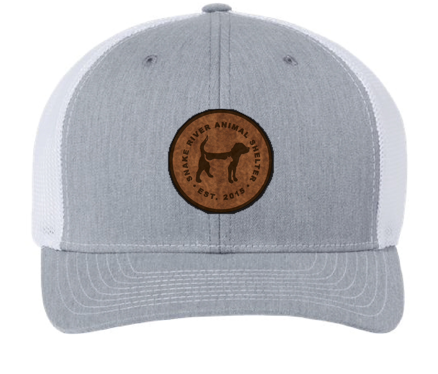 Heather gray/White Snake River Animal Shelter trucker patch hat with black and brown patch.