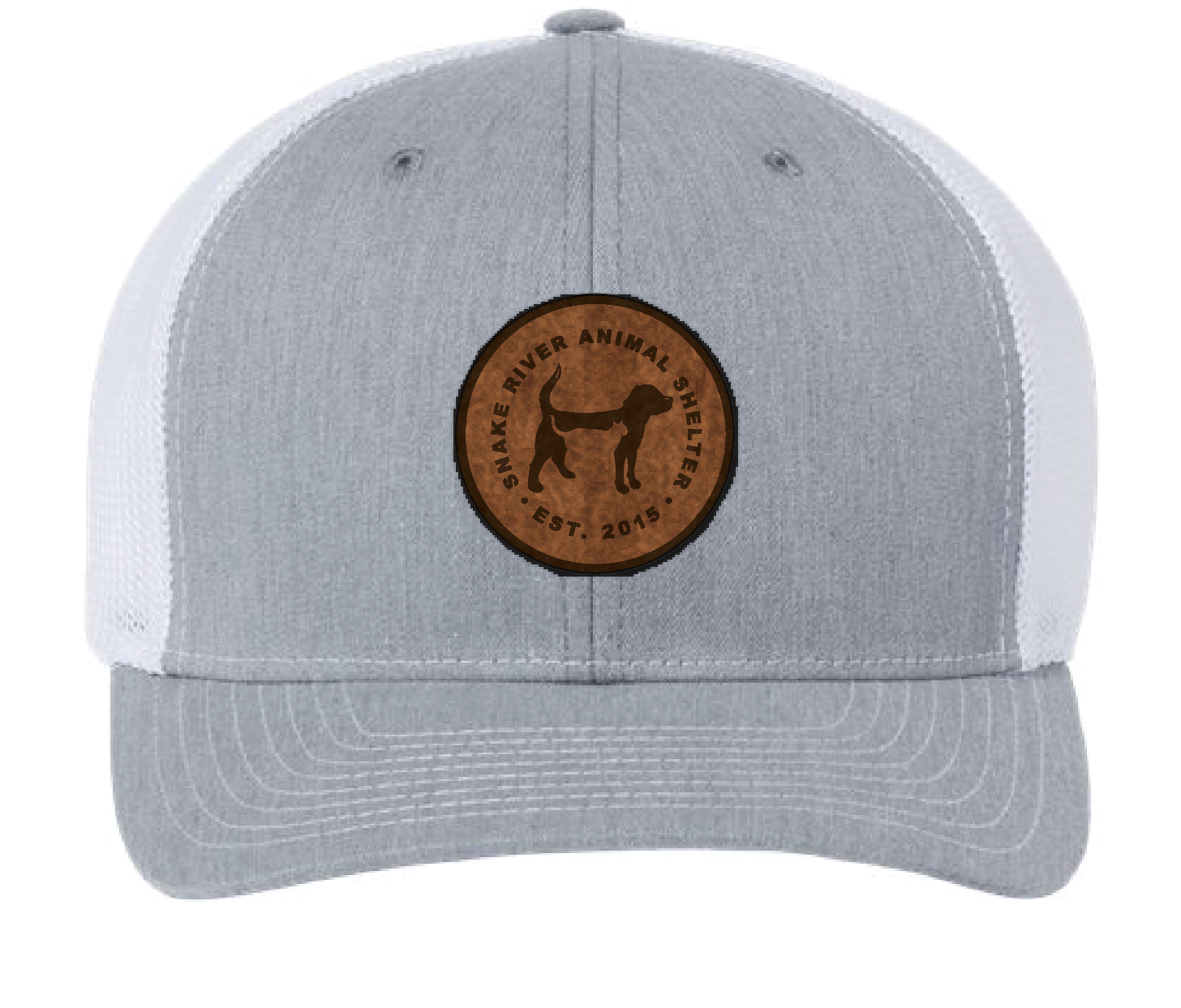 Heather gray/White Snake River Animal Shelter trucker patch hat with black and brown patch.