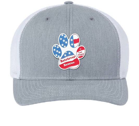 Gray and White Trucker patch hat with the Retriever Rescue of Las Vegas logo in red white and blue