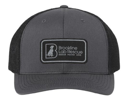 Charcoal/Black trucker hat featuring the Brookline Lab Rescue logo on a black and silver leatherette patch. Front view.