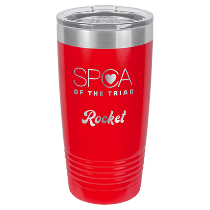 Red aser engravved 20 Oz tumbler featuring the SPA of the Triad logo.  Nmae below the logo is "Rocket."