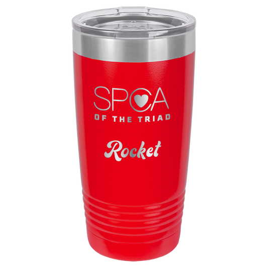 Red aser engravved 20 Oz tumbler featuring the SPA of the Triad logo.  Nmae below the logo is "Rocket."