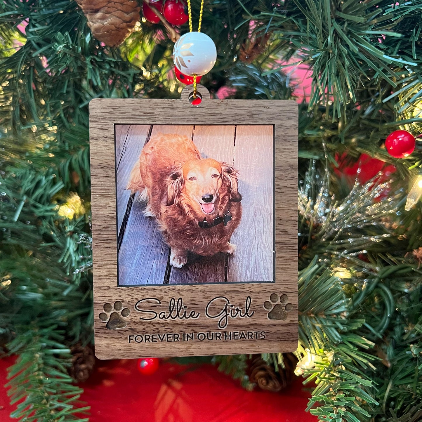 Polaroid Style Personalized Acrylic Photo Ornaments with Engraved Wood Frame