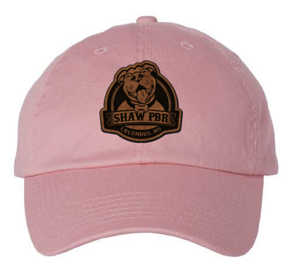 Pink Shaw Pit Bull Rescue dad hat. Rawhide patch engraves to black.